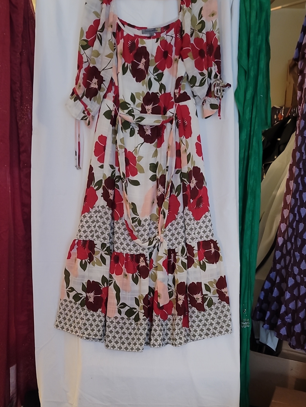Floral Tie-Waist Midi Dress in Cream with Red & Pink Blooms